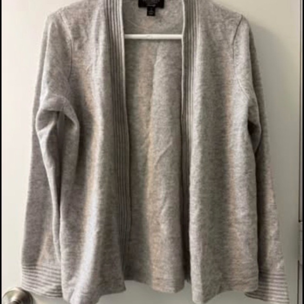 Charter Club Light Gray Open-Front Ribbed-Trim Cashmere Cardigan